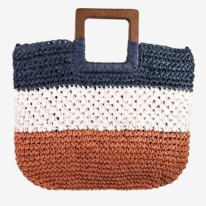 MODWOVEN TRIO COLOR HANDMADE STRAW BRAIDED BAG NAVY BLUE, RUST AND CREAM